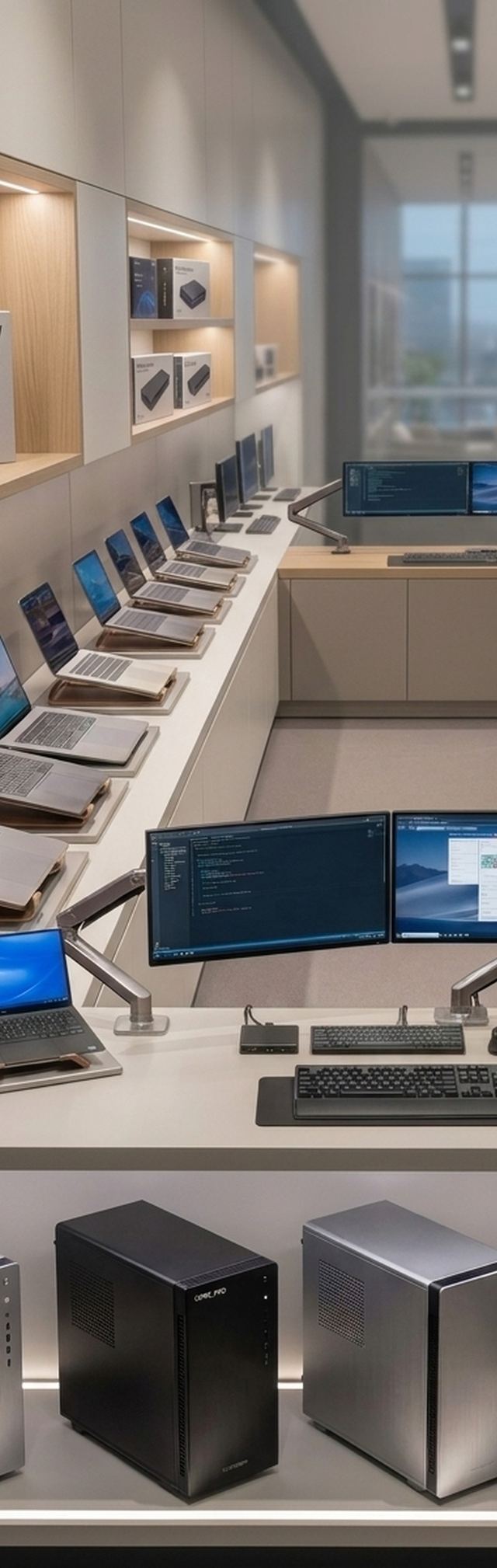 Neatly displayed refurbished laptops and desktop towers in a showroom