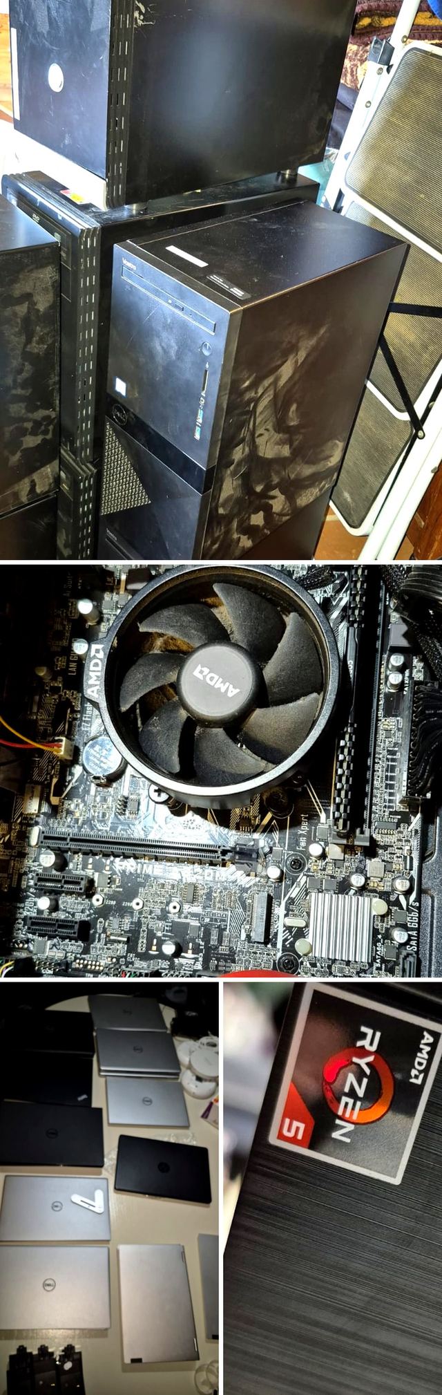 Stack of used Dell desktop towers and laptops, with an internal hardware detail shot